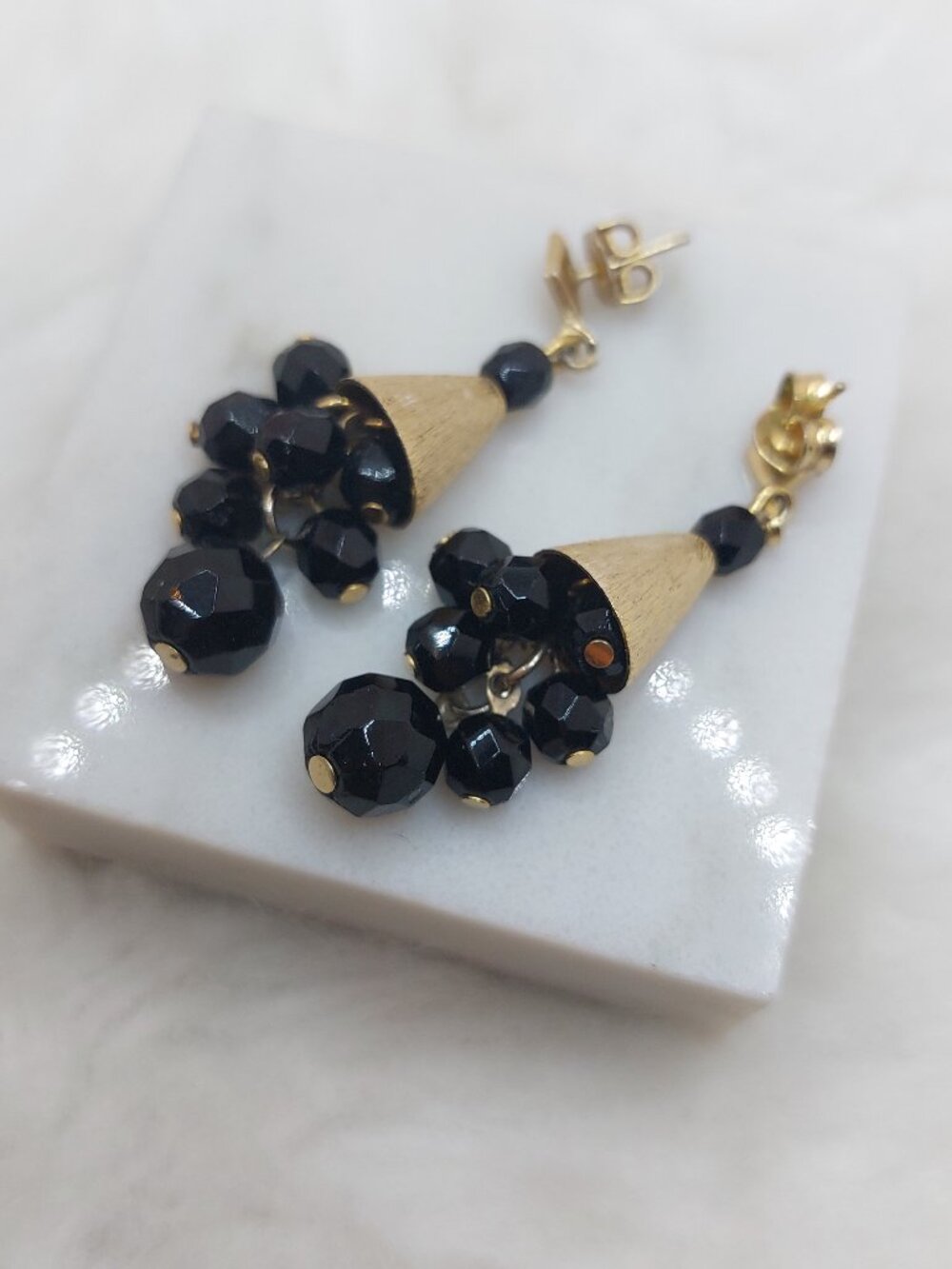 Vintage Black Faceted Bead Clusters Gold-toned Conical Caps Dangle Earrings